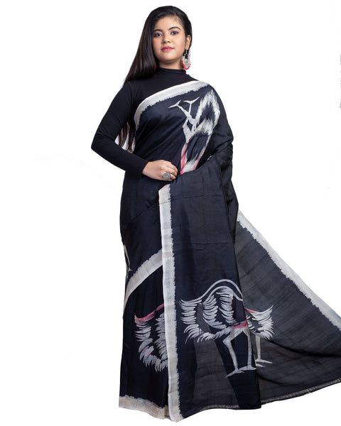 Natural Black Dye With White Bird Motifs Hand Painted Pure Silk Mark Certified Bishnupuri Silk Sarees