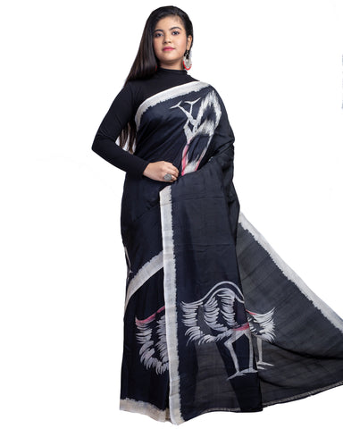 Natural Black Dye With White Bird Motifs Hand Painted Pure Silk Mark Certified Bishnupuri Silk Sarees