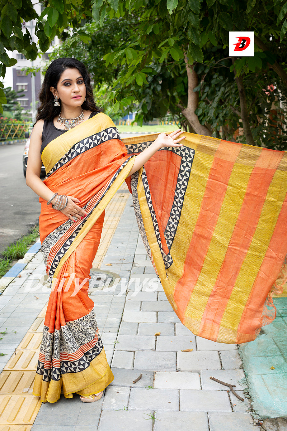 Orange Yellow Block Printed Zari Border Pure Silk Mark Certified Tussar Silk Sarees