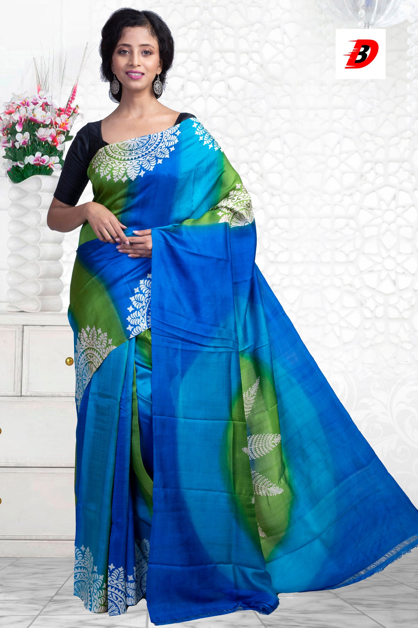 Blue Block Printed Pure Silk Mark Certified Bishnupuri Silk Sarees