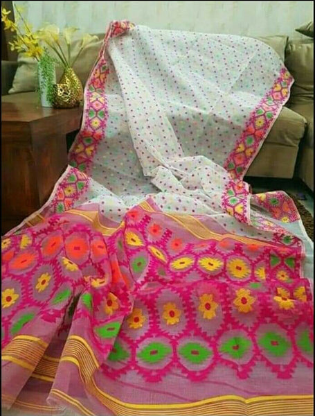 White Pink Designer Woven Soft Jamdani Sarees