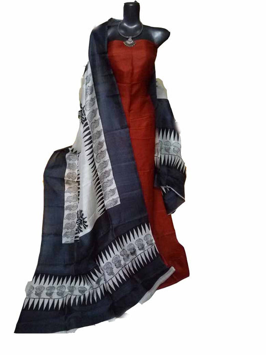 Handpicked Red & White Block Printed Design Pure Silk Top & Dupatta