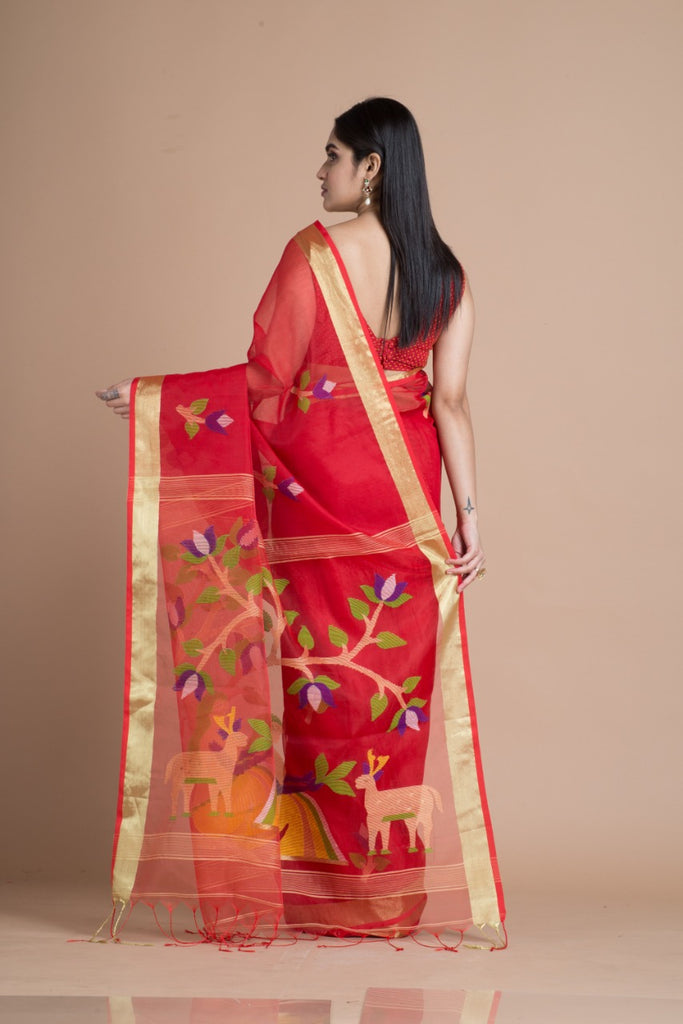 Red Silk Mark Certified Muslin Resom Silk Sarees Get Extra 10% Discount on All Prepaid Transaction