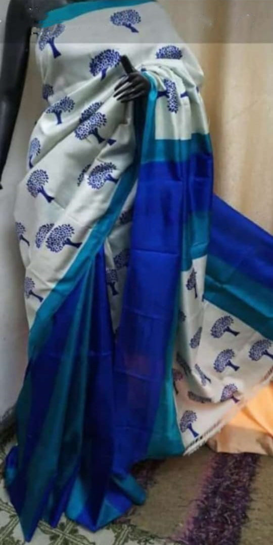 Blue Block Printed Pure Silk Mark Certified Bishnupuri Silk Sarees