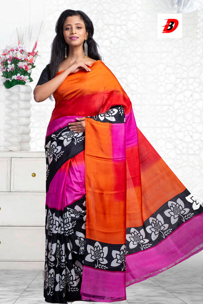 Mix Dye Block Printed Pure Silk Mark Certified Bishnupuri Silk Sarees