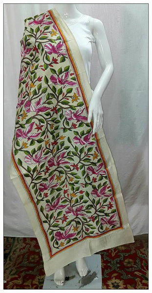 Handpicked White & Multi  Pure Silk Mark Certified Tussar Kantha Stitch Stoles