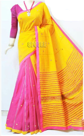 Yellow Pink Mirror Work Khesh Sarees