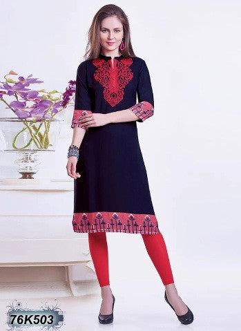 New Navy Blue Design Rayon Embroidery Stitched Kurtis