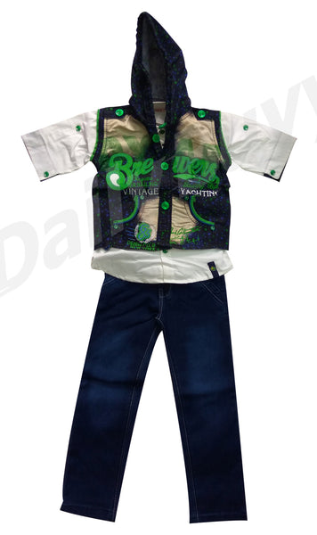 Green Blue Design Hooded Shirt And Jeans Boys Clothing