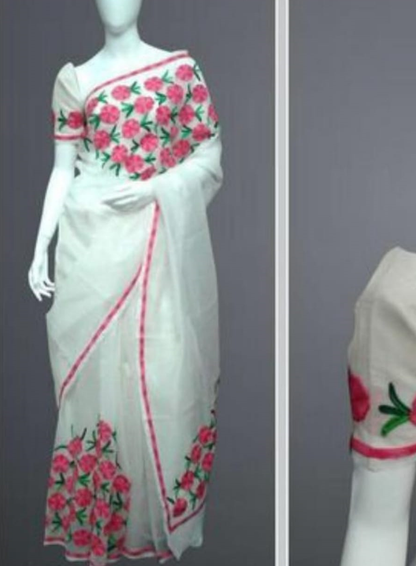 White Handloom Embroidery Work Saree