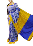 Blue & Yellow Block Printed Pure Silk Mark Certified Bishnupuri Silk Sarees