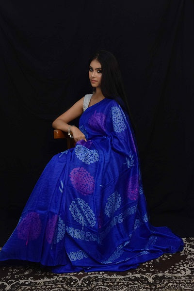 Blue Multicolor Block Printed Silk Mark Certified Bishnupuri Silk Sarees