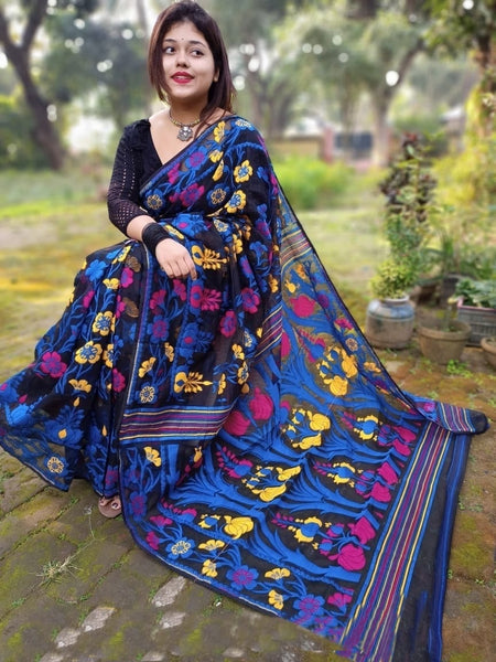 Blue on black with yellow and pink detail work soft Dhakai Jamdani Saree