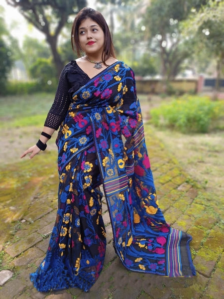 Blue on black with yellow and pink detail work soft Dhakai Jamdani Saree