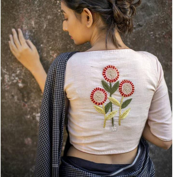 Floral Embroidery Applique Work Boat Neck  Blouses(Add To Cart 15% Off)