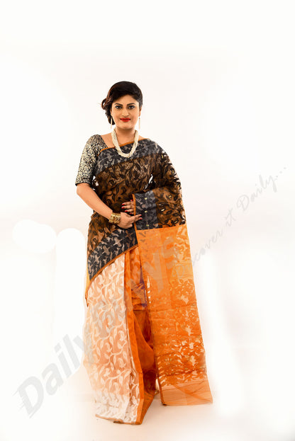 Orange Golden Black Dhakai Jamdani Sarees