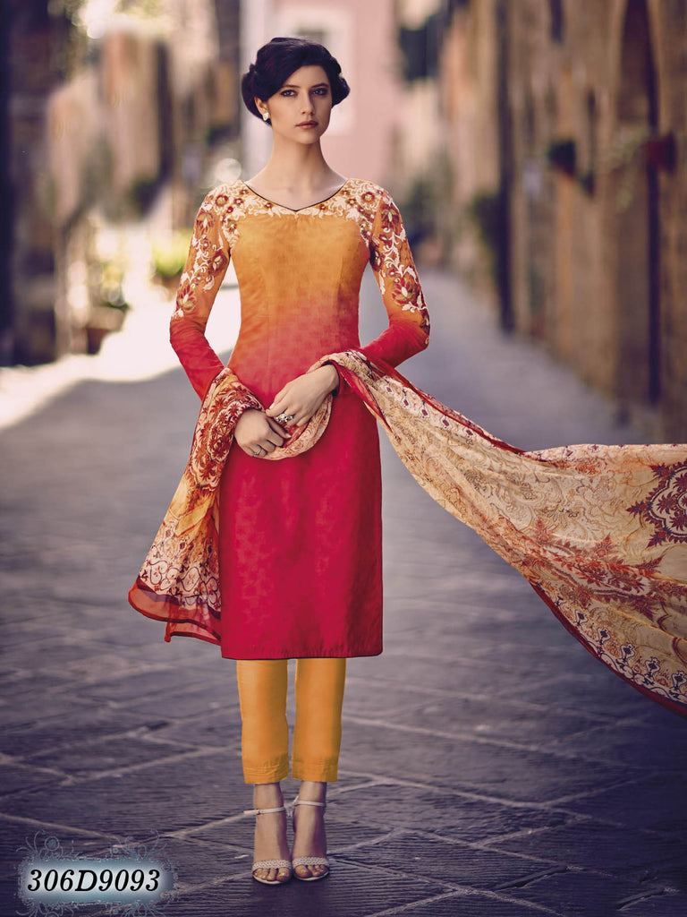 Golden Yellow Red UnStitched Cambric Pure Cotton Salwar