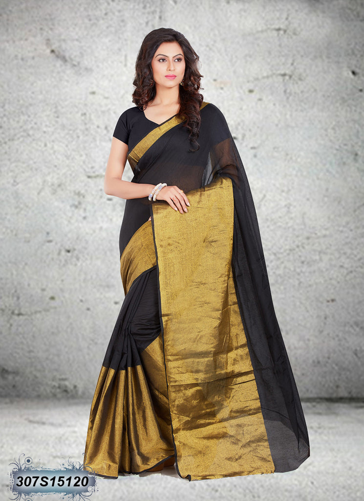 Golden, Black Poly Pure Cotton Sarees