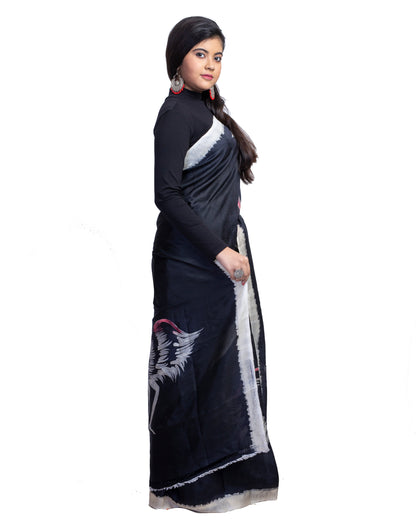 Natural Black Dye With White Bird Motifs Hand Painted Pure Silk Mark Certified Bishnupuri Silk Sarees