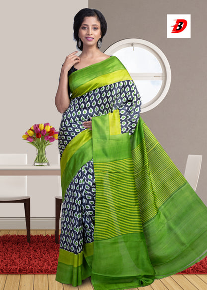 Green Block Printed Pure Silk Mark Certified Bishnupuri Silk Sarees