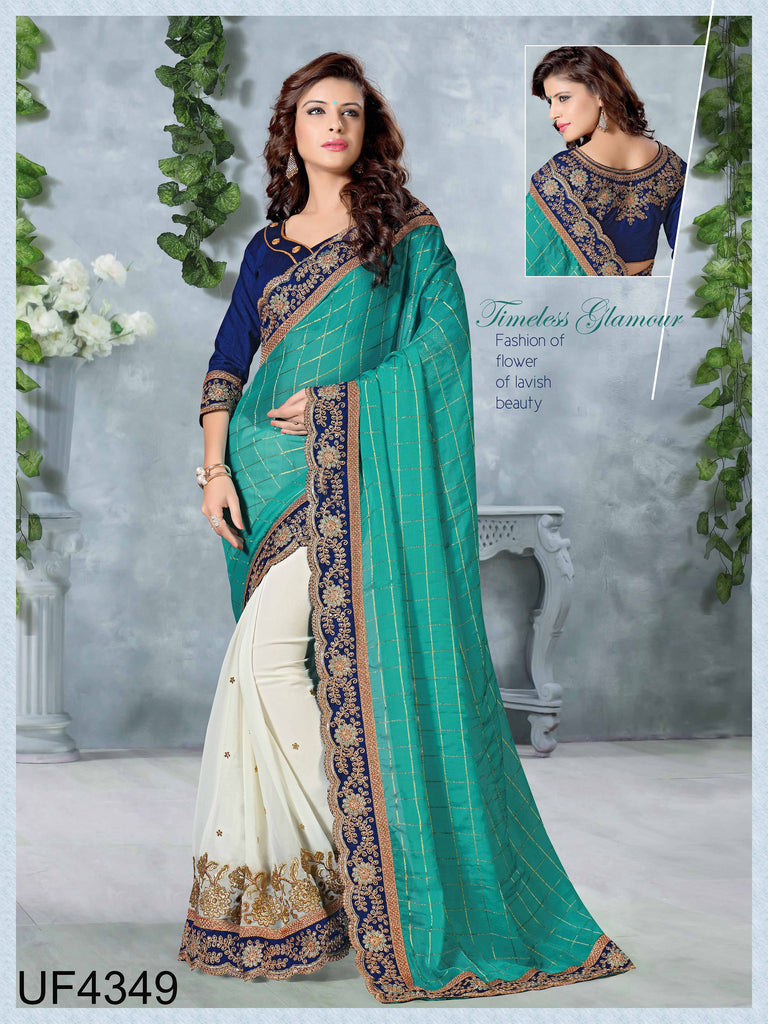 Green & Cream Georget  Party Wear Sarees