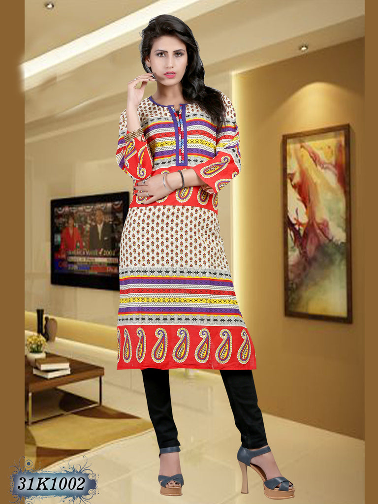 New Red Pure Cotton Stitched Printed Kurtis