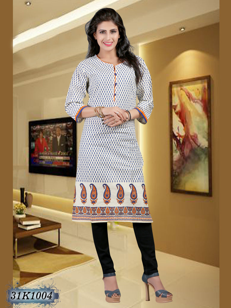 New White Pure Cotton Stitched Printed Kurtis