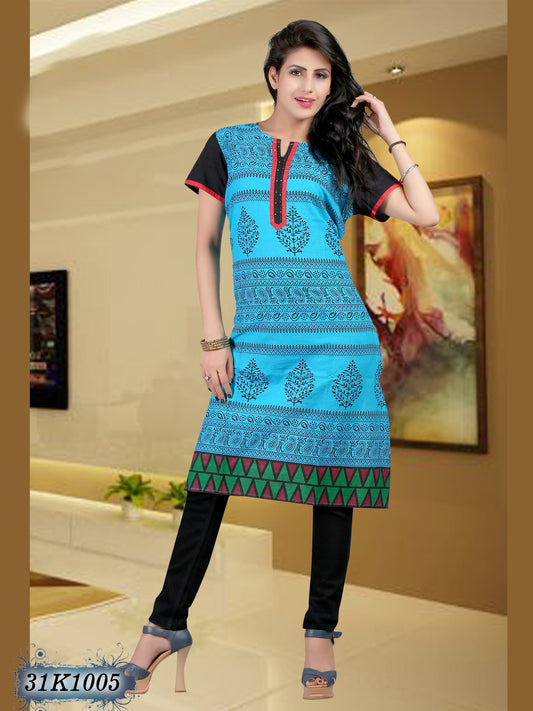 New Ocean Blue Pure Cotton Stitched Printed Kurtis - Dailybuyys