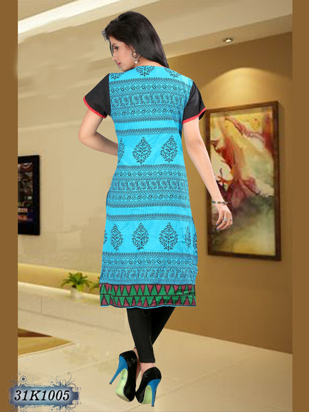 New Ocean Blue Pure Cotton Stitched Printed Kurtis