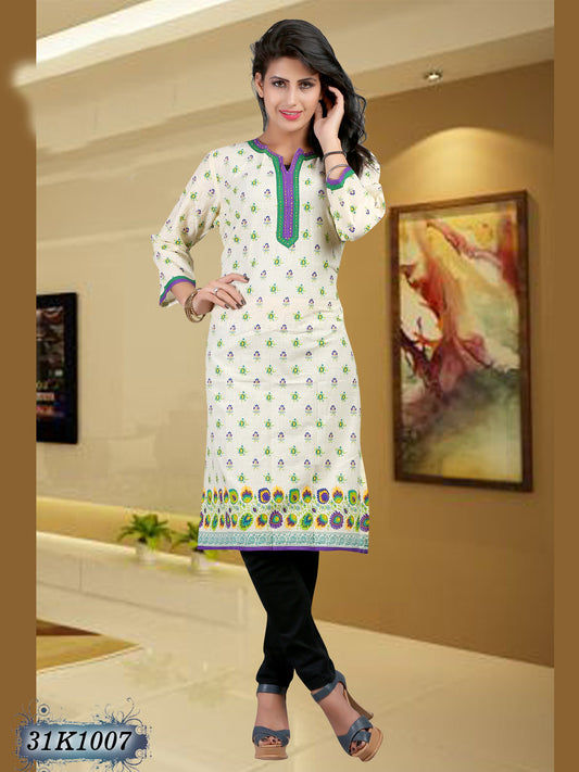 New White Pure Cotton Stitched Printed Kurtis - Dailybuyys