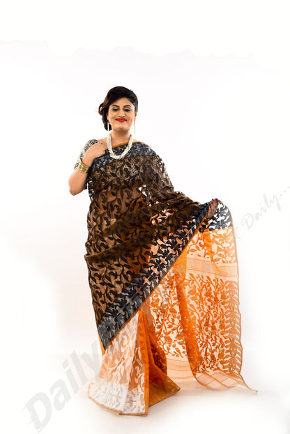 Orange Golden Black Dhakai Jamdani Sarees