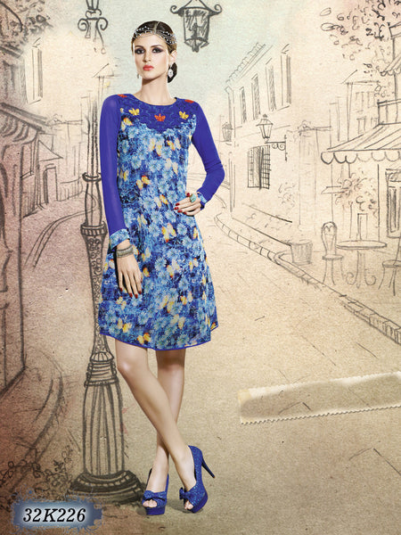 New Blue Stitched Printed & Embroidery Kurtis