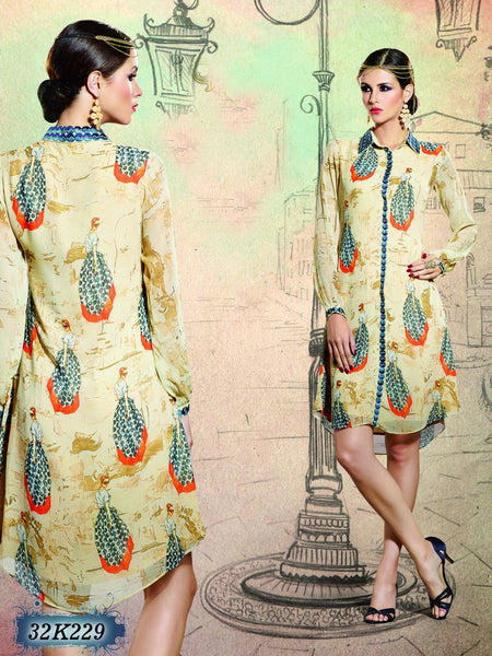 New Beige Stitched Printed & Embroidery Kurtis