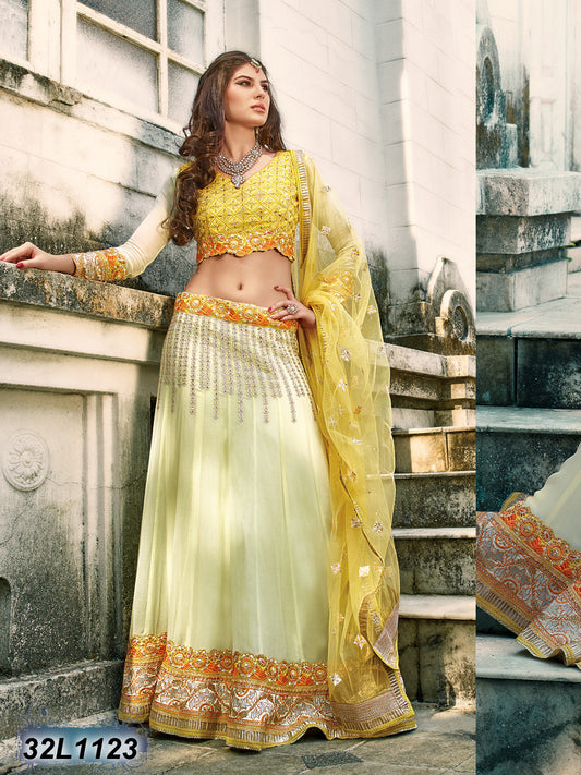 Very Light Yellow Dhupian & Georgette Santoon Lehenga Choli