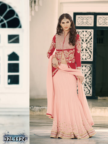 Very Light Peach Red Georgette Santoon Lehenga Choli