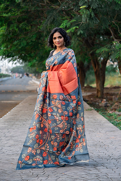 Grey Orange Hand Painted Pure Plain Pure Silk Mark Certified Tussar Silk Kalamkari Sarees