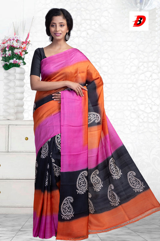 Black Orange Discharge Block Printed Pure Silk Mark Certified Bishnupuri Silk Sarees