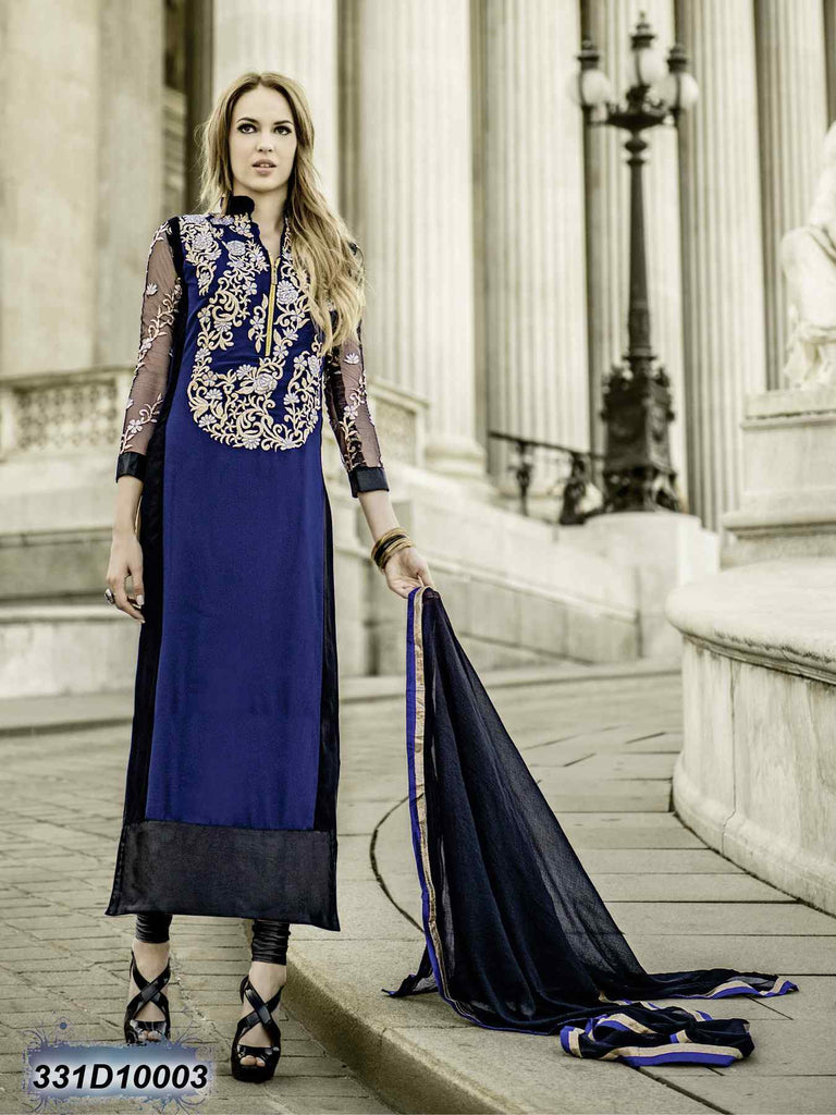 Pretty Navy Blue & Black Georgette & Net Anarkali Salwar