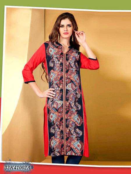 New Black & Red Rayon Stitched Geometric Print Kurtis