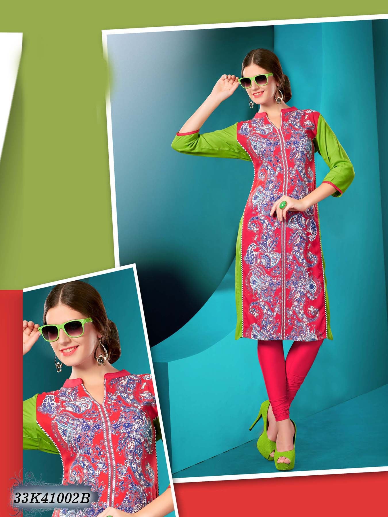 New Peach & Olive Green Rayon Stitched Geometric Print Kurtis