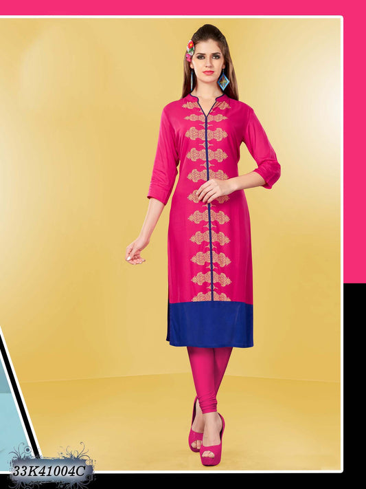 New Pink & Blue Rayon Stitched Geometric Print Kurtis