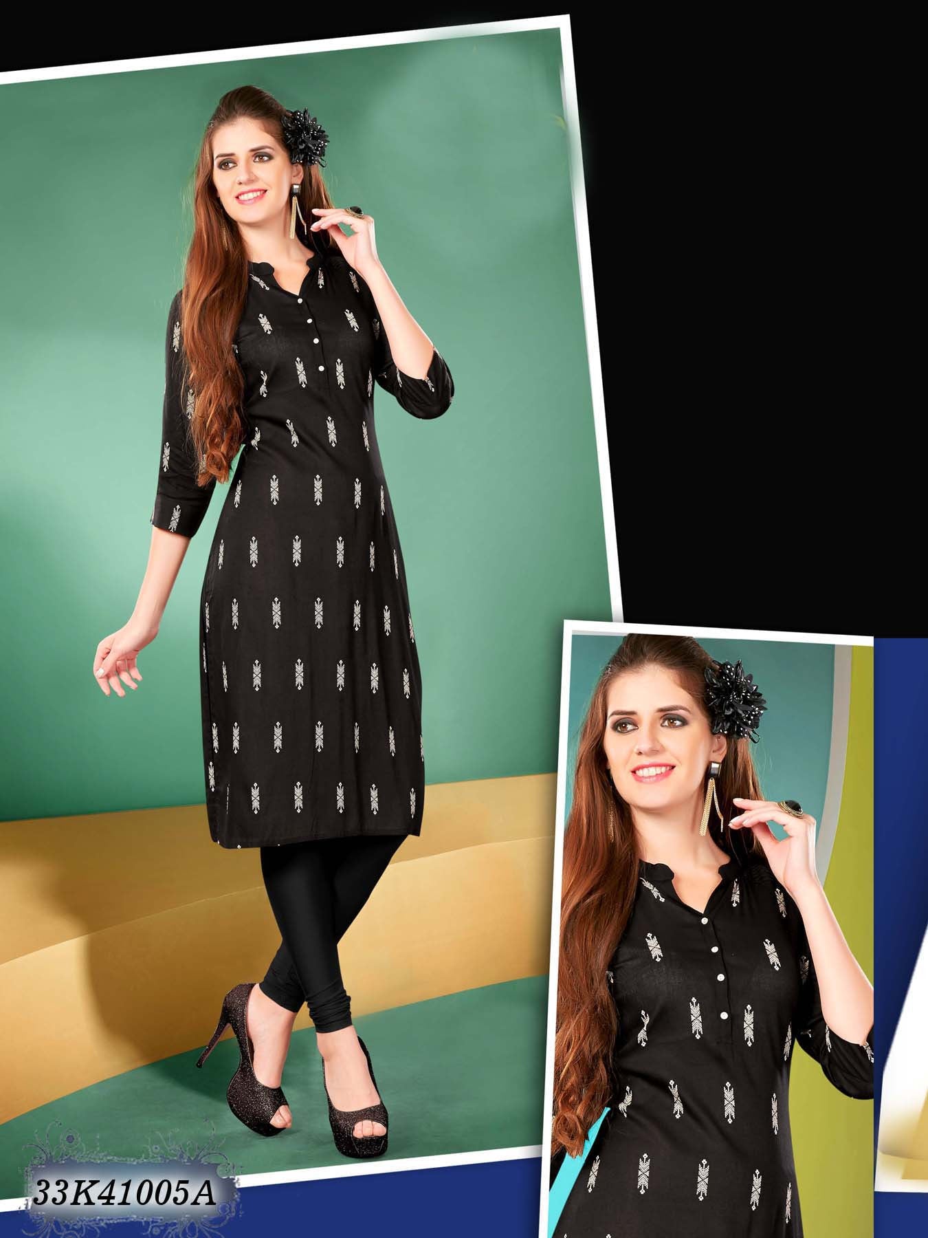 New Black Rayon Stitched Geometric Print Kurtis