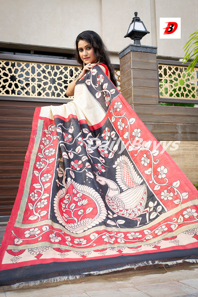 Beige Black Hand Pinted Kalamkari Design Pure Silk Mark Certified Bishnupuri Silk Sarees