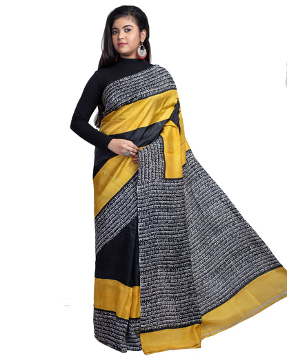 Yellow Black Block Printed Pure Silk Mark Certified Bishnupuri Silk Sarees