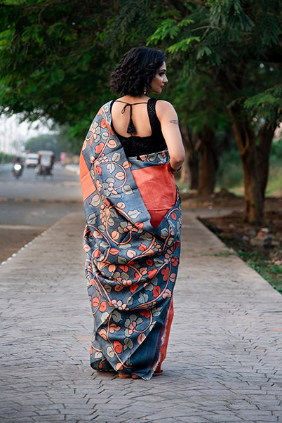 Grey Orange Hand Painted Pure Plain Pure Silk Mark Certified Tussar Silk Kalamkari Sarees