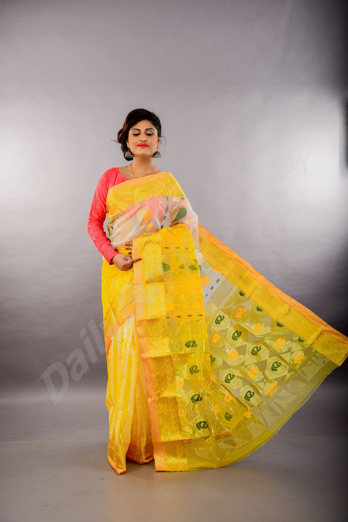 Yellow Green Design Dhakai Jamdani Sarees