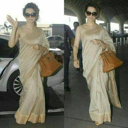 Beige Pure Linen Sarees - Dailybuyys