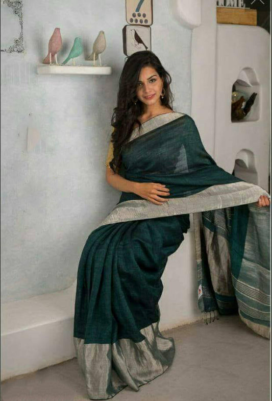 Green Pure Linen Sarees - Dailybuyys