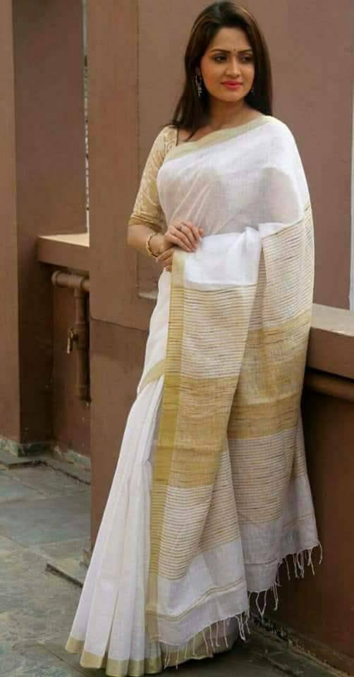 White Pure Linen Sarees - Dailybuyys
