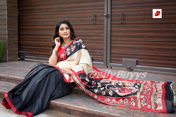 Black Hand Pinted Kalamkari Design Pure Silk Mark Certified Bishnupuri Silk Sarees